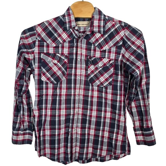 Bit &‎ Bridle Red & Navy Plaid Long Sleeve Western Shirt With Pearl Snap Buttons - Picture 2 of 6